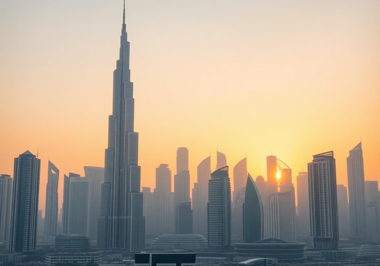 Skyline de Dubaï avec Burj Khalifa au coucher du soleil